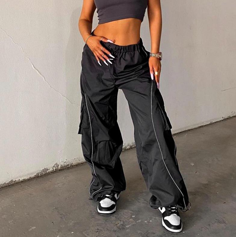 Women Baggy Low Waist Drawstring Cargo Pants Oversize Casual Wide Leg Parachute Trousers Pocket Jogger Sweatpants