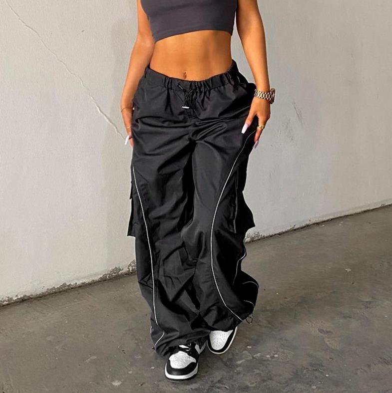 Women Baggy Low Waist Drawstring Cargo Pants Oversize Casual Wide Leg Parachute Trousers Pocket Jogger Sweatpants